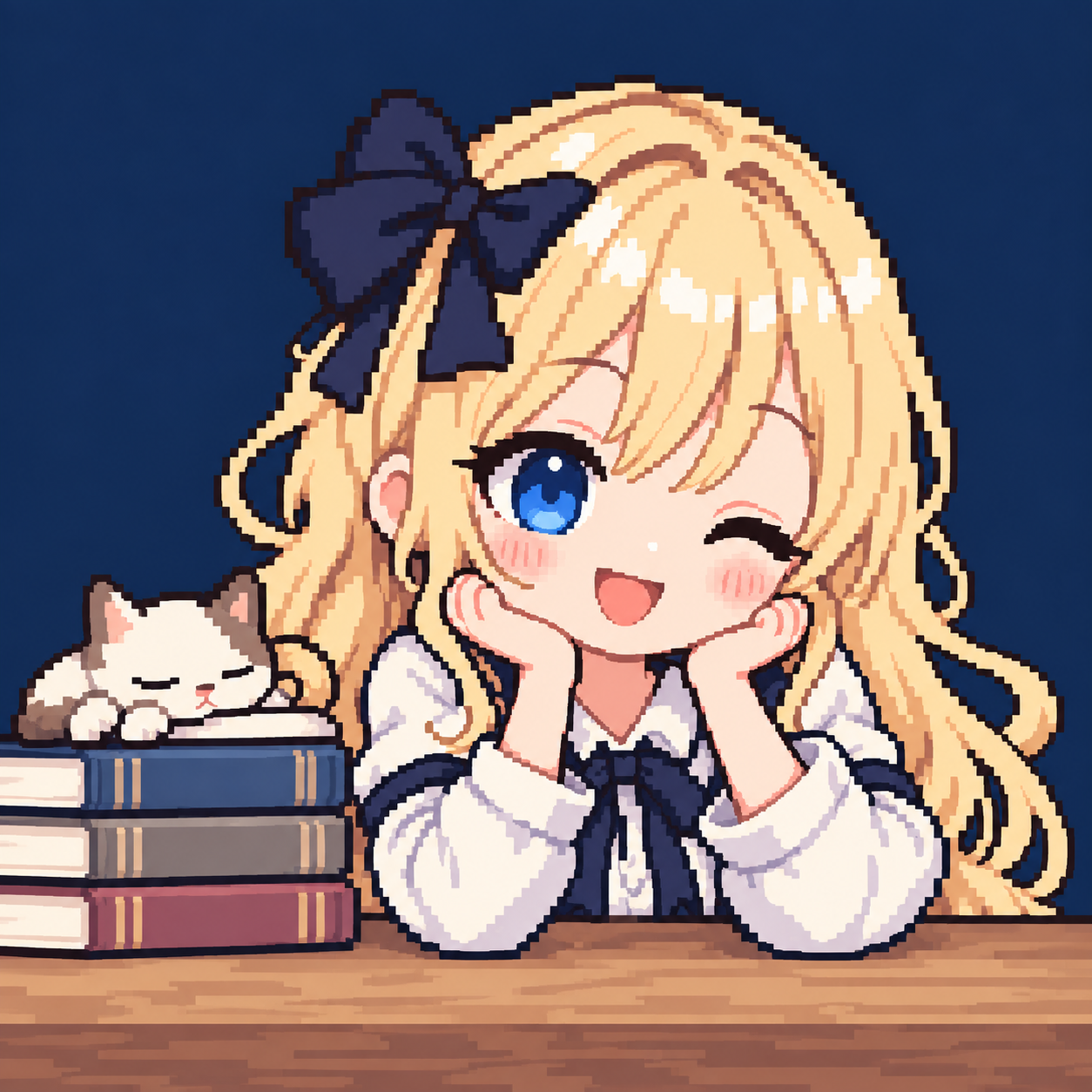 Marie, a smiling pixel-art character with a navy bow, beside a cat and a stack of books